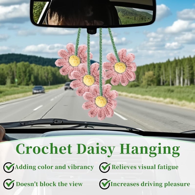 ecocstm 2 PCS Crochet Daisy Car Accessories for Women, Car Rearview Mirror Hanging Accessories, Handmade Cute Cars Accessory for Women Aesthetic, Girly Pink Crochet Flowers Cars Decor (Pink) - Image 2